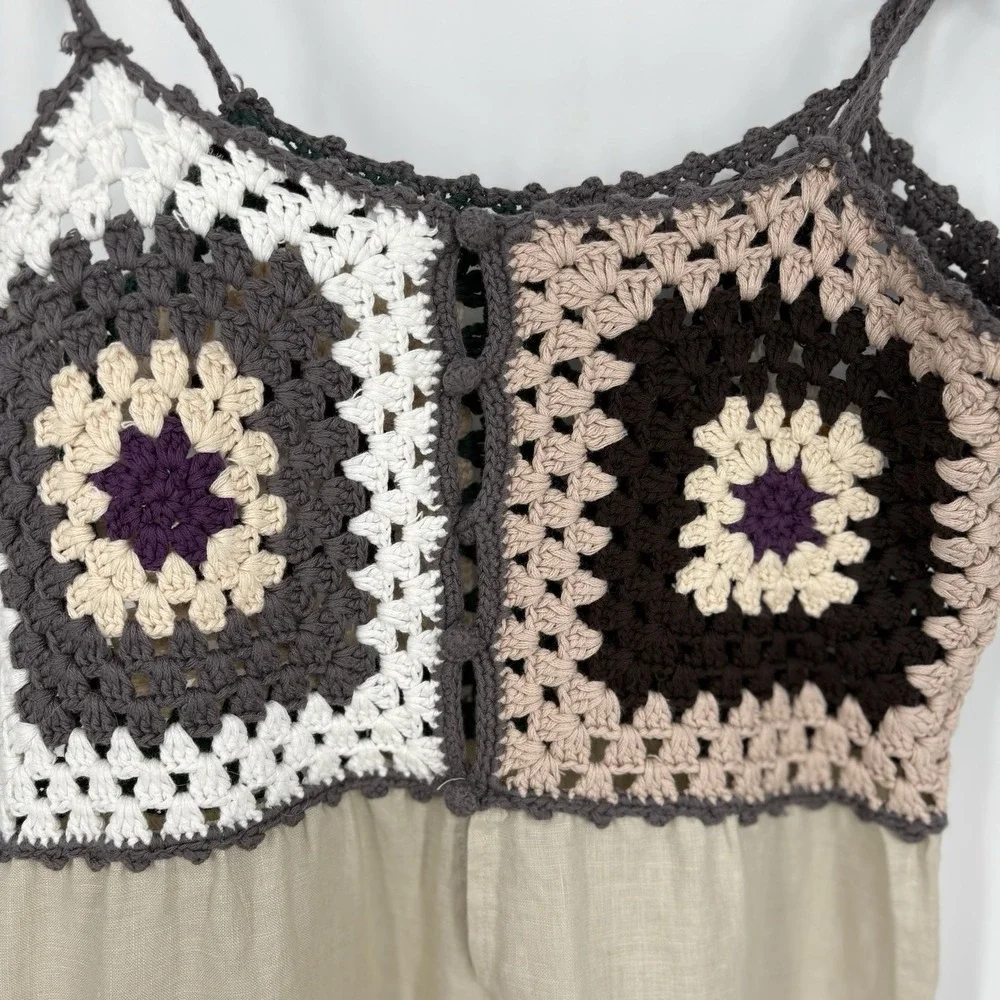 Zara Womens Crochet Linen Harem‎ Pant Jumpsuit M Granny Square Boho Festival